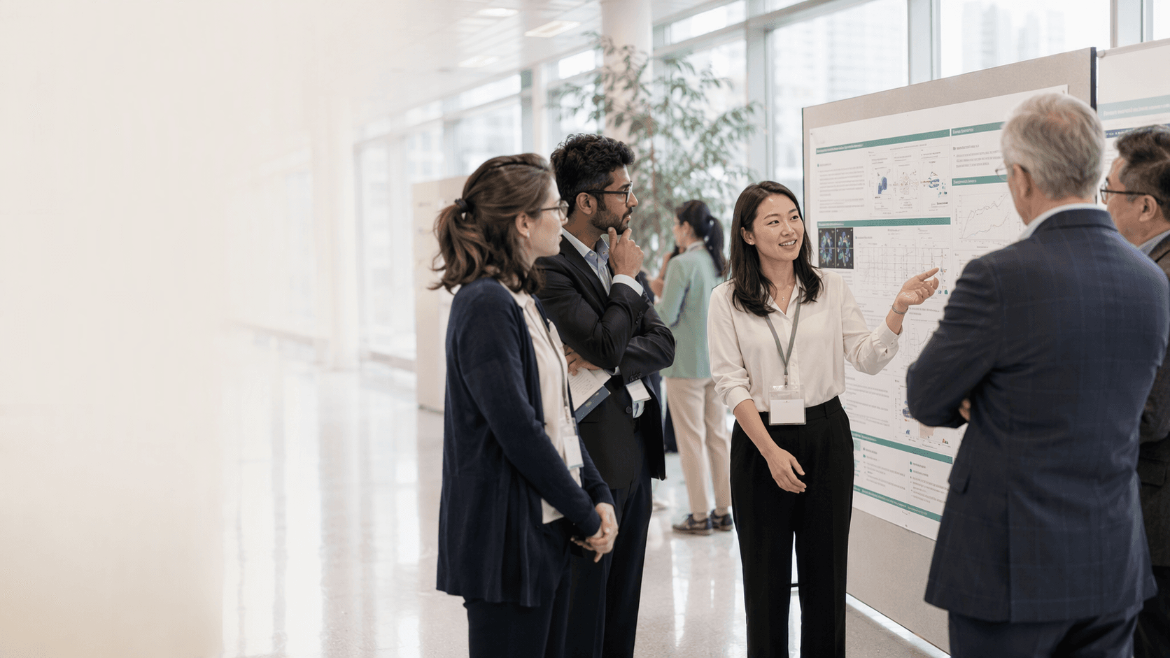 Early-career researchers discussing a poster with faculty